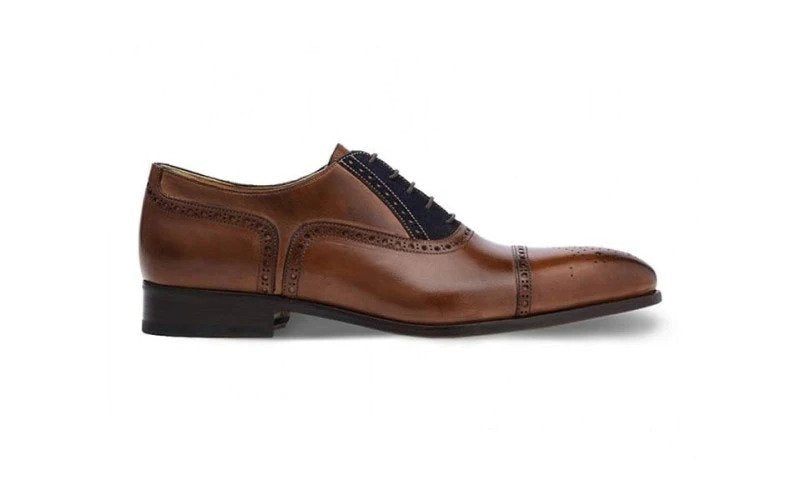 Patina-Finished Brogue Oxfords with Blue Suede Detailing
