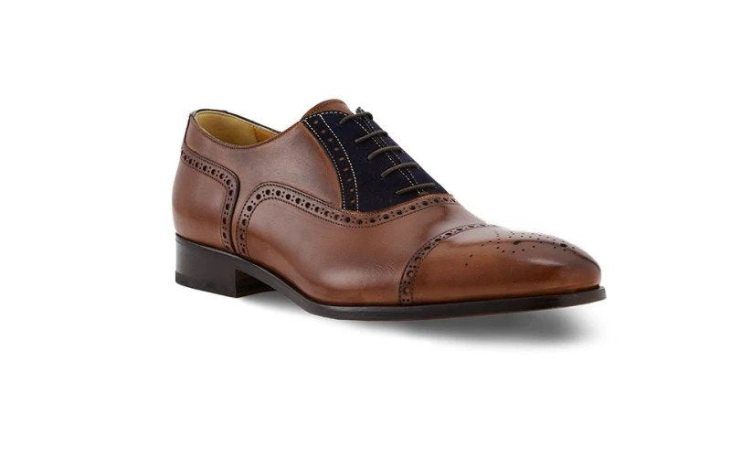 Patina-Finished Brogue Oxfords with Blue Suede Detailing
