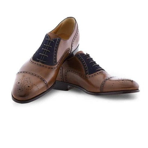 Patina-Finished Brogue Oxfords with Blue Suede Detailing